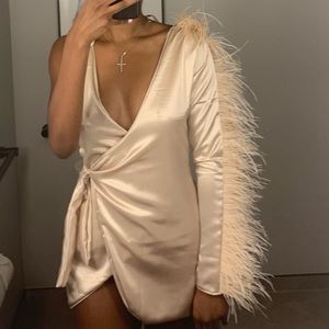 Champagne Wrap dress with feathers on sleeve